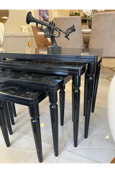 Akset 4Lü Lüx Zigon Sehpa Siyah Mermer Full Siyah - Resim 3