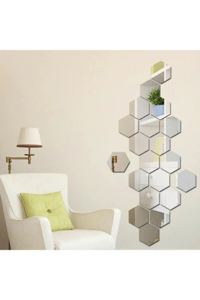 Dekoratif Bal Peteği Pleksi Ayna Gümüş Renk Kendinden Yapışkanlı (14 ADET X 7CM X 8CM) - 2