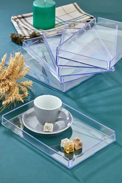 4'lü Şeffaf Pleksi Tepsi 14x22cm Servis Sunum Tepsisi Şık Yeni Kahve Çay Tepsisi Phigo 4 Adet - 5