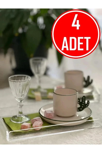 4'lü Şeffaf Pleksi Tepsi 14x22cm Servis Sunum Tepsisi Şık Yeni Kahve Çay Tepsisi Phigo 4 Adet