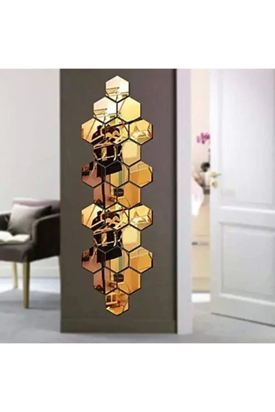 Dekoratif Bal Peteği Pleksi Ayna Gold Renk Kendinden Yapışkanlı (14 ADET X 7CM X 8CM) - 2