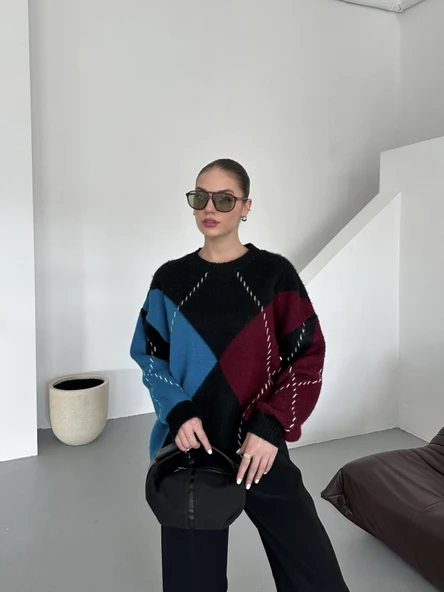 Bordo-Mavi Baklava Desenli Kazak - 5