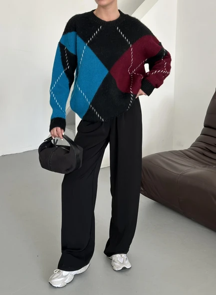 Bordo-Mavi Baklava Desenli Kazak - 3