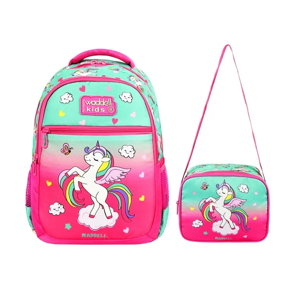 Waddell 3 Bölmeli İlkokul Çantası ve Beslenme Çantası Unicorn Su Yeşili-Pembe 24301