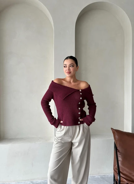 Bordo Yakalı Rustik Örme Hırka - 6