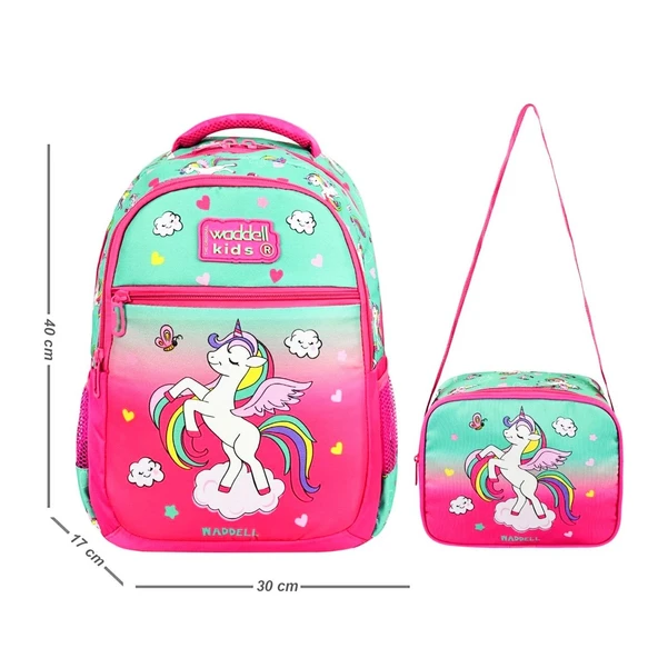 Waddell 3 Bölmeli İlkokul Çantası ve Beslenme Çantası Unicorn Su Yeşili-Pembe 24301 - 2