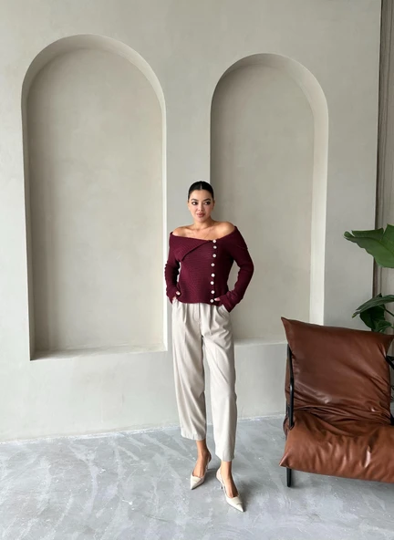 Bordo Yakalı Rustik Örme Hırka - 3