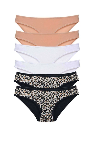 6 Adet Likralı Kadın Slip Külot Leopar Ten Beyaz ürün görseli
