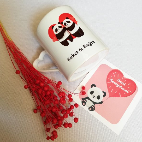 Kişiye Özel Panda Tasarımlı Kart ve Beyaz Kupa - 1