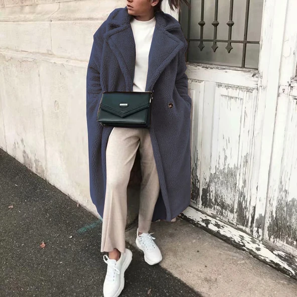 Düğmeli Füme Peluş Ceket