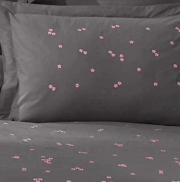 Hobby Çift Kişilik Poplin Premium Nakışlı Nevresim Spring Gri - 4