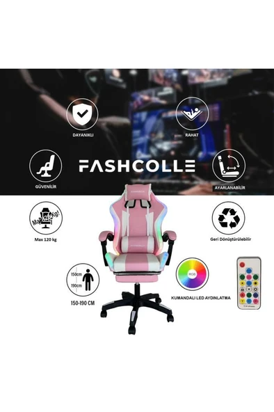 Fashcolle Pink Star Işıklı - Masaj Özellikli Oyuncu Koltuğu Pembe-Beyaz - 5