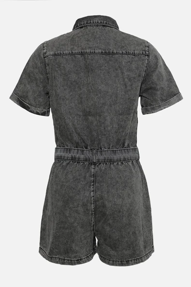 Kadın Kısa Kollu Fermuarlı Jean Tulum Şort - 8