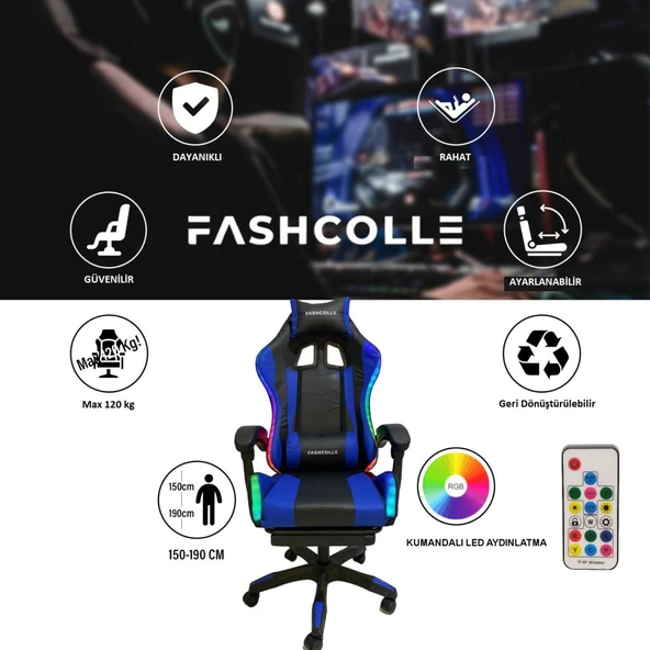 Fashcolle Blue Star Işıklı - Masaj Özellikli Oyuncu Koltuğu Mavi-Siyah - 6