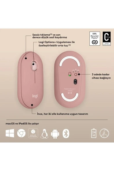 Logitech Pebble 2 M350S 910-007014 Pembe Sessiz Optik Kablosuz Mouse - outlet - Resim 2