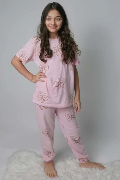 Kız Çocuk Kelebek Desenli T-Shirt Pembe Pijama Takımı 8-14 Yaş - 1
