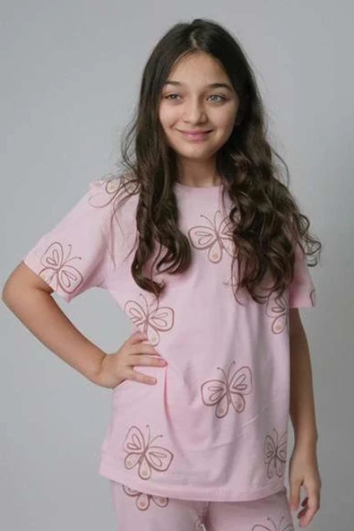 Kız Çocuk Kelebek Desenli T-Shirt Pembe Pijama Takımı 8-14 Yaş - 4