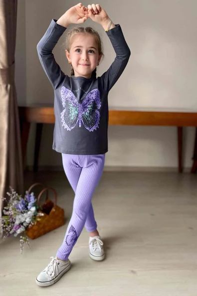 Kız Çocuk The Lover Yazı Baskılı Kazak Paçasında Kelebek Baskılı Fitilli Mor Taytlı Takım - 2