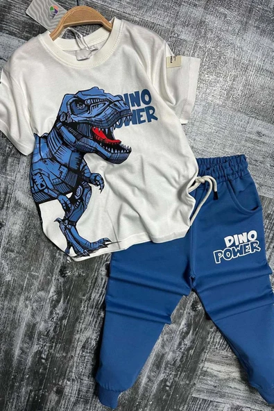 Erkek Çocuk Dinazor Digital Baskı Ve Yazı Detaylı T-Shirt Mavi Eşofman Takım - 1