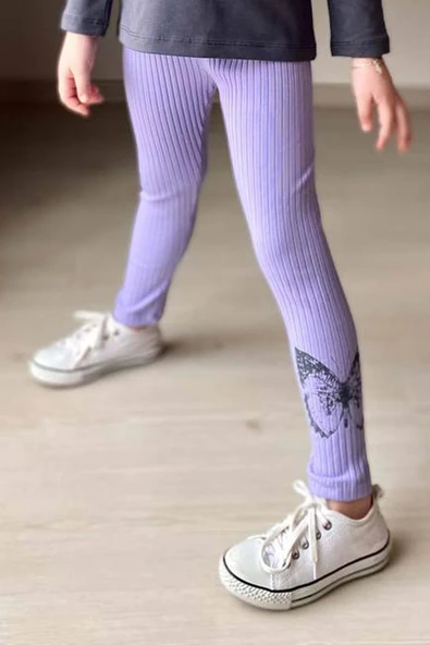 Kız Çocuk The Lover Yazı Baskılı Kazak Paçasında Kelebek Baskılı Fitilli Mor Taytlı Takım - 5