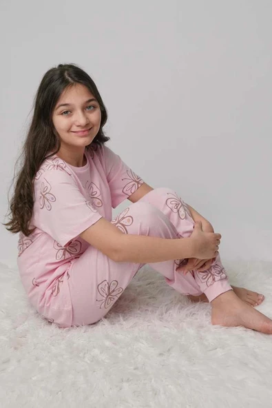Kız Çocuk Kelebek Desenli T-Shirt Pembe Pijama Takımı 8-14 Yaş - 2
