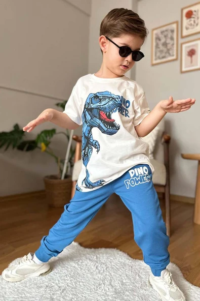 Erkek Çocuk Dinazor Digital Baskı Ve Yazı Detaylı T-Shirt Mavi Eşofman Takım - 2