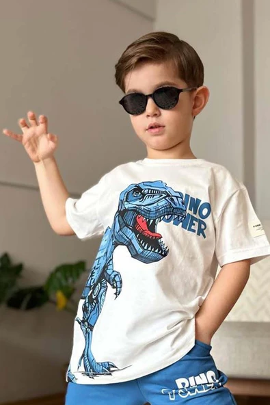 Erkek Çocuk Dinazor Digital Baskı Ve Yazı Detaylı T-Shirt Mavi Eşofman Takım - 4