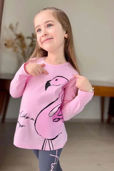 Kız Çocuk Flamingo Baskı ve Yazı Detaylı Pembe Taytlı Takım - Resim 2