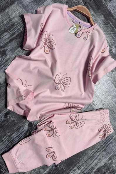 Kız Çocuk Kelebek Desenli T-Shirt Pembe Pijama Takımı 8-14 Yaş - 3