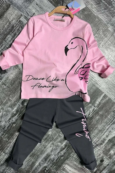 Kız Çocuk Flamingo Baskı ve Yazı Detaylı Pembe Taytlı Takım - Resim 4