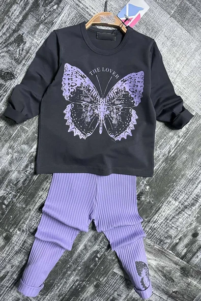 Kız Çocuk The Lover Yazı Baskılı Kazak Paçasında Kelebek Baskılı Fitilli Mor Taytlı Takım - 3