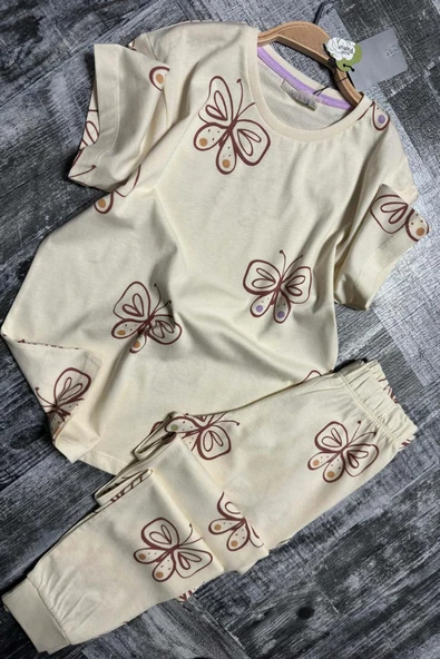 Kız Çocuk Kelebek Desenli T-Shirt Krem Pijama Takımı 8-14 Yaş - Resim 5