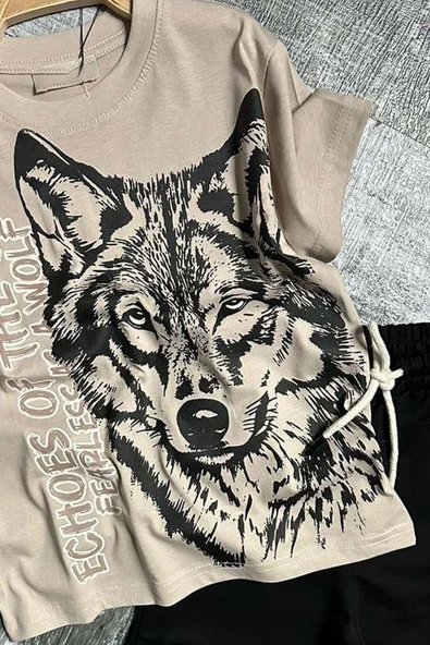 Erkek Çocuk Kara Kalem Kurt ve Yazı Baskılı Kahverengi T-Shirt Eşofman Takım - 4