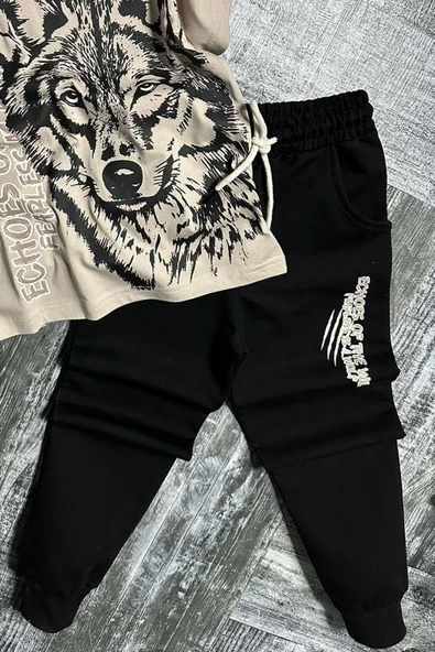 Erkek Çocuk Kara Kalem Kurt ve Yazı Baskılı Kahverengi T-Shirt Eşofman Takım - 3