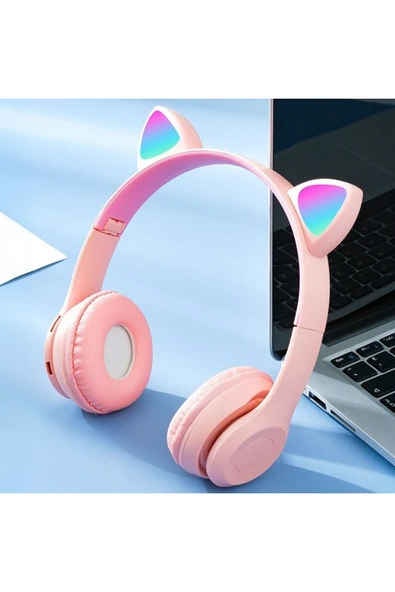 Techmaster Kablosuz Kulaküstü Rgb Işıklı Kedili Bluetooth 5.0 Çocuk Kulaklığı Kulaklık P47M - 3