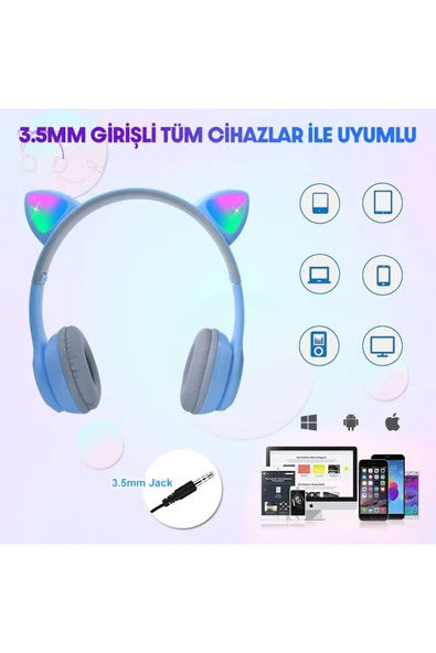 Techmaster Kablosuz Kulaküstü Rgb Işıklı Kedili Bluetooth 5.0 Çocuk Kulaklığı Kulaklık P47M - 4