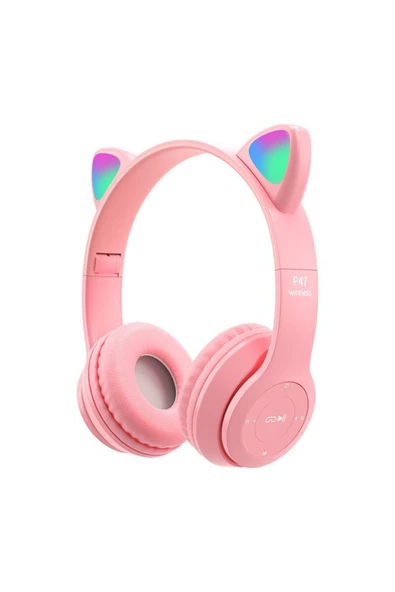 Techmaster Kablosuz Kulaküstü Rgb Işıklı Kedili Bluetooth 5.0 Çocuk Kulaklığı Kulaklık P47M