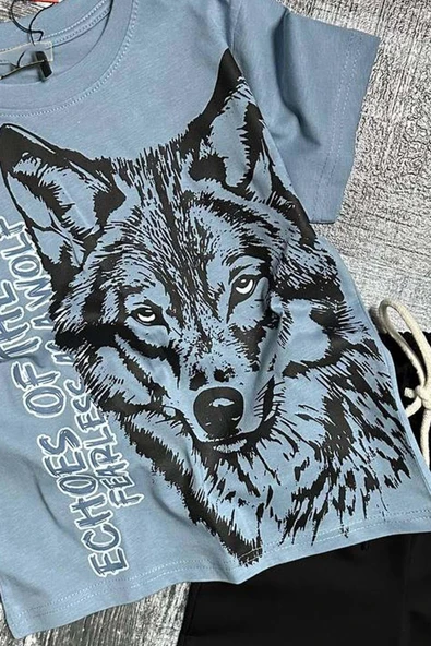 Erkek Çocuk Kara Kalem Kurt ve Yazı Baskılı Mavi T-Shirt Eşofman Takım - 4
