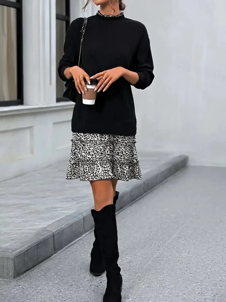 Kadın Uzun Kollu üst şardonlu Kaşkorse Alt Süprem Desenli Elbise - 2