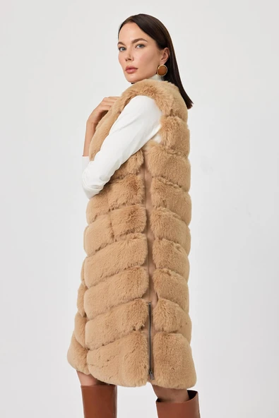 Vittoria Camel Tüylü Uzun Yelek - 5