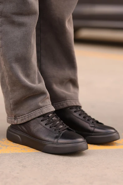 Shoetyle - Siyah Hakiki Deri Bağcıklı Erkek Sneaker 800-2501 - 2