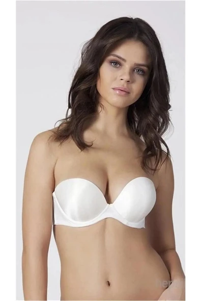 Kadın Ekru Full Push-up 2 Beden Büyüten Dolgulu Straples Sütyen Cindy - 6