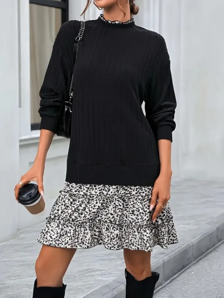 Kadın Uzun Kollu üst şardonlu Kaşkorse Alt Süprem Desenli Elbise - 4