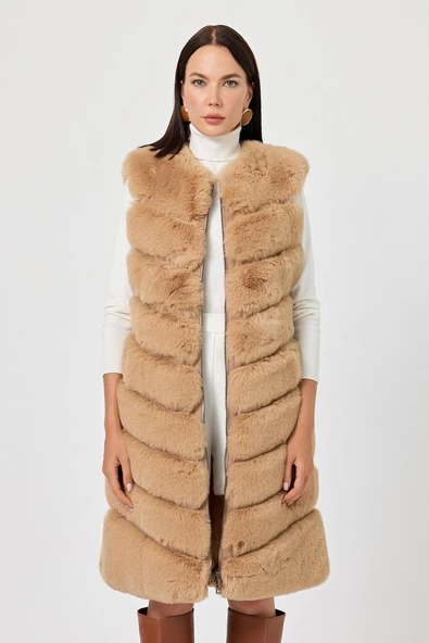 Vittoria Camel Tüylü Uzun Yelek - 2