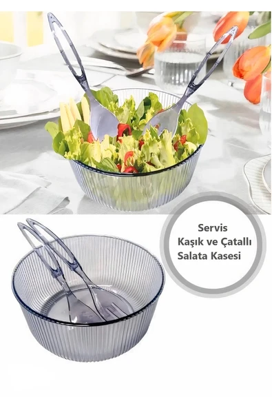Akrilik, Yuvarlak, Servis Kaşığı ve Çatallı Salata Kasesi Servis Sunum Tabağı 23 cm - 2