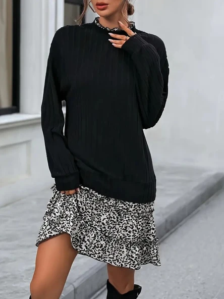 Kadın Uzun Kollu üst şardonlu Kaşkorse Alt Süprem Desenli Elbise - 5