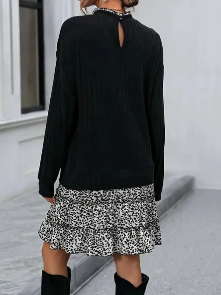 Kadın Uzun Kollu üst şardonlu Kaşkorse Alt Süprem Desenli Elbise - 3