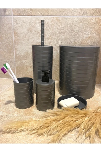 Banyo Seti 5'li Gri Çöp Kovası Wc Fırçalık Sıvı Sabunluk Katı Sabunluk - 2