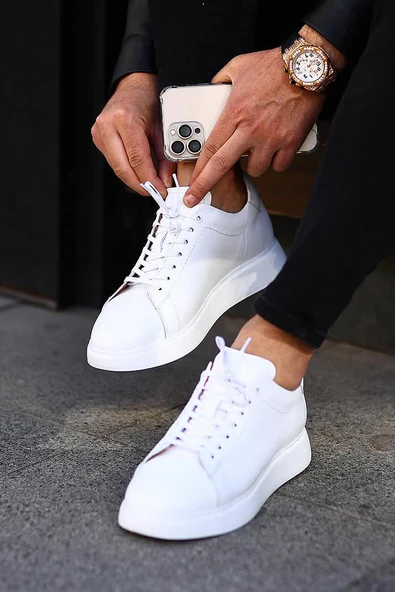 Shoetyle - Beyaz Hakiki Deri Bağcıklı Erkek Sneaker 101-7039 - 3