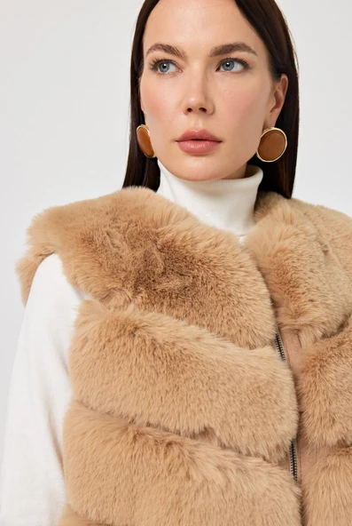 Vittoria Camel Tüylü Uzun Yelek - 6